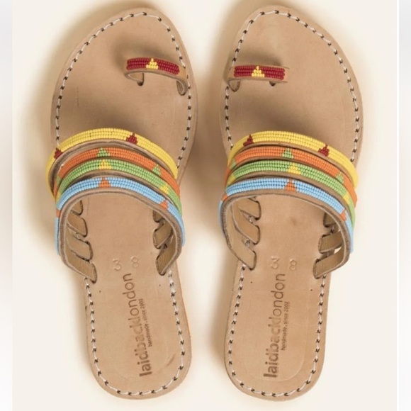LAIDBACK LONDON Kamba SSO Leather Sandal Tribal BEADED TOE SANDAL SIZE 8.5 - Picture 1 of 8